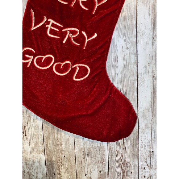 Red Velvet Christmas Stocking With Ive Been Very Very Very Very Good Embroidery - Picture 5 of 6